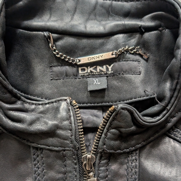 DKNY Moto Black Leather Biker Jacket Woman's XL - Picture 2 of 12
